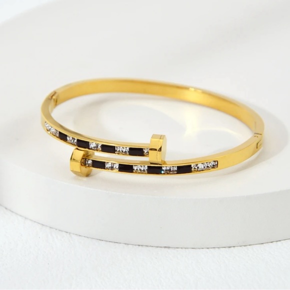 Women Stainless Steel Fashionable Black Stripe Nail Cuff Bracelet - Picture 2 of 5